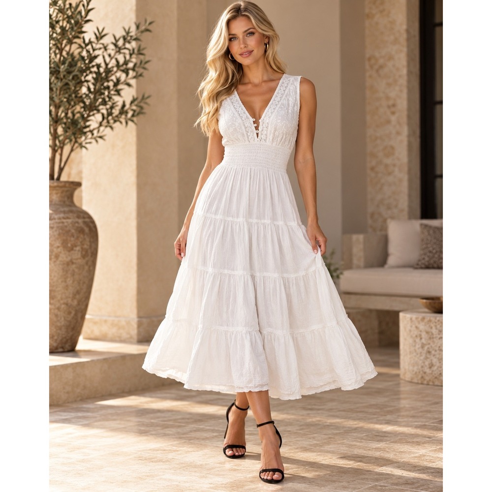 Mlle Gabrielle Cottagecore Dress Embroidered Smocked Tiered Womens L White